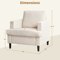 Mid-Century Modern Accent Armchair, Upholstered Linen Single Sofa Chair With Wide Armrests, Off-White - thumbnail 8