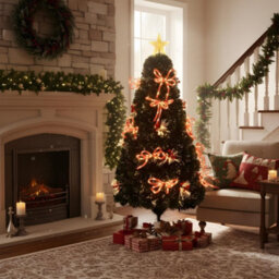 Shatchi 6Ft/180Cm Fibre Optic Christmas Star Topper-Ribbon Bows Decorations-Green Pre-Lit Artificial Christmas Tree - thumbnail 7