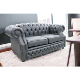 Chesterfield 2 Seater Vele Charcoal Grey Leather Sofa In Buckingham Style - thumbnail 2