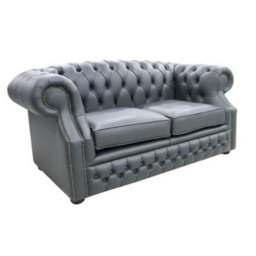 Chesterfield 2 Seater Vele Charcoal Grey Leather Sofa In Buckingham Style - thumbnail 3