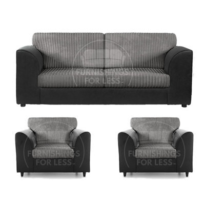 Furnishings For Less UK Luxor Jumbo Cord 3 + 1 + 1 Fabric 3 Piece Sofa Suite - Fullback Black And Grey - image 1
