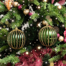 Melody Maison Set Of 2 Green Glitter Striped Reeded Hanging Baubles - 8Cm - thumbnail 1