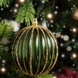 Melody Maison Set Of 2 Green Glitter Striped Reeded Hanging Baubles - 8Cm - thumbnail 3