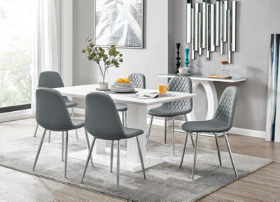 Furniturebox Imperia White High Gloss 6 Seater Dining Table With Structural 2 Plinth Column Legs 6 Grey Faux Leather Silver Leg Corona Chairs - image 1