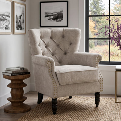 Tufted Beige Accent Chair Liana With Black Wooden Legs - Small Living Room Fabric Armchair - image 1