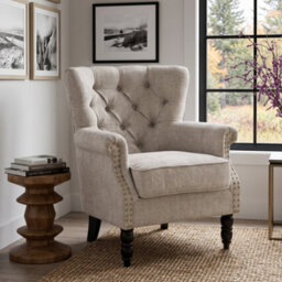 Tufted Beige Accent Chair Liana With Black Wooden Legs - Small Living Room Fabric Armchair - thumbnail 1