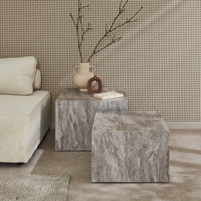 Sweeek - Pair Of Square Coffee Tables With Marble Effect Paros Grey 58X58X40 Cm - image 1