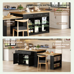 Abrihome Kitchen Island With Extendable Dining Table 150X90X90Cm, Storage Cabinet, Drawers & Adjustable Shelves, Black+Natural - thumbnail 3