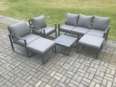 Fimous Aluminium Outdoor Lounge Sofa Set Garden Furniture Sets With Square Coffee Table 2 Chairs 2 Big Footstools Dark Grey - image 1
