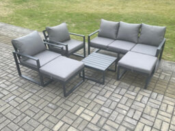 Fimous Aluminium Outdoor Lounge Sofa Set Garden Furniture Sets With Square Coffee Table 2 Chairs 2 Big Footstools Dark Grey - thumbnail 1