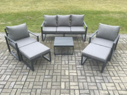Fimous Aluminium Outdoor Lounge Sofa Set Garden Furniture Sets With Square Coffee Table 2 Chairs 2 Big Footstools Dark Grey - thumbnail 2