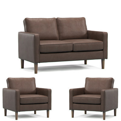 Furnishings For Less UK Bexhill Brown Faux Leather 3 Piece Sofa Suite 2 Seater And 2 Armchairs - image 1