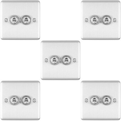 Loops 5 Pack 2 Gang Double Retro Toggle Light Switch Satin Steel 10A 2 Way Wall Plate - image 1
