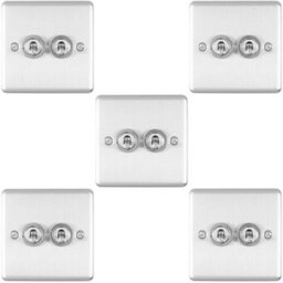 Loops 5 Pack 2 Gang Double Retro Toggle Light Switch Satin Steel 10A 2 Way Wall Plate - thumbnail 1