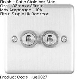 Loops 5 Pack 2 Gang Double Retro Toggle Light Switch Satin Steel 10A 2 Way Wall Plate - thumbnail 2