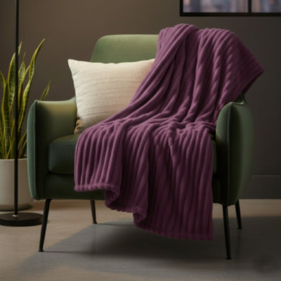 Chunky Ribbed Mink Throw Ultra Soft Warm Elegant Blanket For Sofa Or Bed Plum - image 1