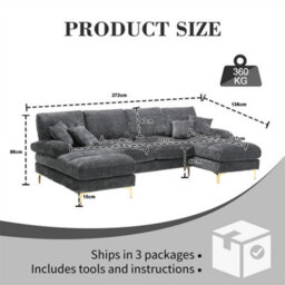 Abrihome Stylish Modular Sectional Sofa Set With Double Chaise, U-Shaped Chenille Fabric Lounge Suite For The Living Room, Grey - thumbnail 6
