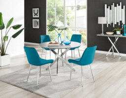 Furniturebox Uk Novara Grey Concrete Effect 120Cm Round Dining Table & 4 Blue Pesaro Silver Chairs
