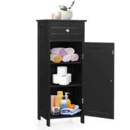 Costway Bathroom Wooden Storage Cabinet Floor Standing Cupboard W/ Single Door & Drawer