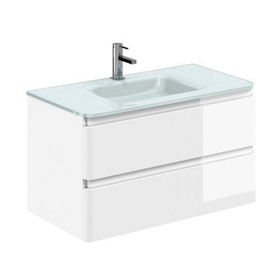 Plum&clay Marvel Gloss White Wall Hung Bathroom Vanity Unit With White Glass Basin (W)900mm - image 1