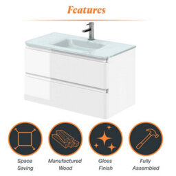 Plum&clay Marvel Gloss White Wall Hung Bathroom Vanity Unit With White Glass Basin (W)900mm - thumbnail 6