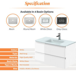 Plum&clay Marvel Gloss White Wall Hung Bathroom Vanity Unit With White Glass Basin (W)900mm - thumbnail 5
