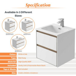 Plum&clay Norton White & Oak Wall Hung Vanity Unit & Basin Set Bathroom Furniture (W)500mm (H)530mm - thumbnail 4
