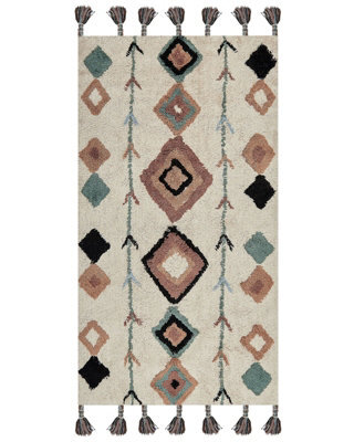 Wyld And Coco Boho Hand-Tufted Cotton Rug 80 X 150 Cm - Multicolour Diamond Pattern With Tassels - image 1