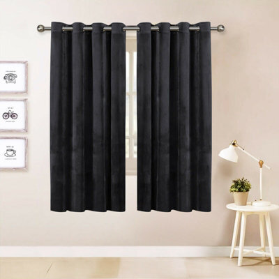 Oxford Homeware Eyelet Velvet Curtains Charcoal Fully Lined Blackout Thermal Insulated Eyelet Curtains Pair (W)117Cm X (L)137Cm - image 1