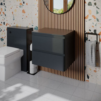 Affine Bathroom Cloakroom Vanity Unit 600mm Wall Hung Cabinet Drawer Anthracite Grey