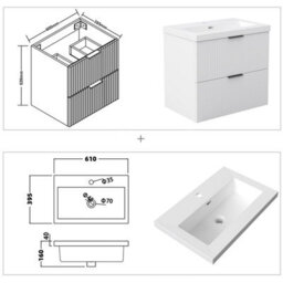 AVER-GROWTH 600mm Bathroom Vanity Unit With Resin Sink 2 Drawer Wall Hung Black Handles Matt White Bathroom Cabinet Storage Cupboard - thumbnail 4