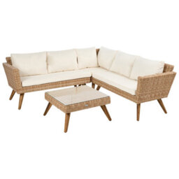 Beliani Garden Corner Sofa With Table 6 Seater Vittoria Pe Rattan Off-White