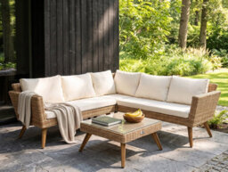 Beliani Garden Corner Sofa With Table 6 Seater Vittoria Pe Rattan Off-White - thumbnail 2