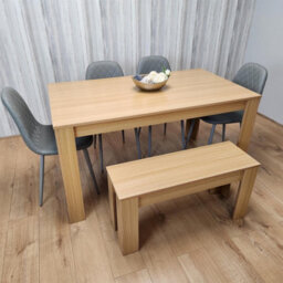 Kosy Koala Oak Effect Dining Table Set With 4 Grey Gem Pattern Chairs And Bench Dining Room Furniture