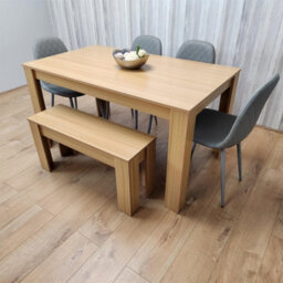 Kosy Koala Oak Effect Dining Table Set With 4 Grey Gem Pattern Chairs And Bench Dining Room Furniture - thumbnail 3