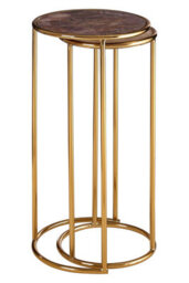 Orsina Set Of 2 Nesting Side Tables, Natural Amethyst Stone Tops With Veining, Reflective Gold Frame Finish