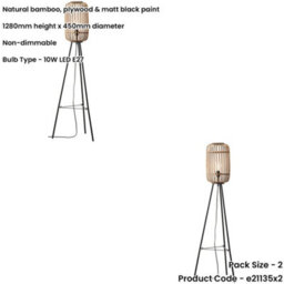 Loops 2 Pack 1280mm Floor Lamp - Natural Bamboo & Matt Black Simple Stylish Wood - Standing Led Light Base & Shade - thumbnail 2