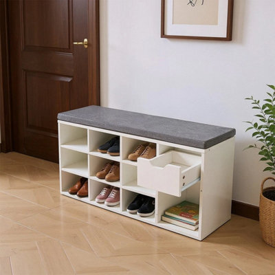 Warm White Padded Shoe Bench 10 Grid Shoe Storage Cabinet W/ Drawer Hallway Seat - image 1