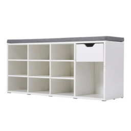 Warm White Padded Shoe Bench 10 Grid Shoe Storage Cabinet W/ Drawer Hallway Seat - thumbnail 5