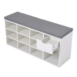 Warm White Padded Shoe Bench 10 Grid Shoe Storage Cabinet W/ Drawer Hallway Seat - thumbnail 6
