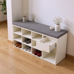 Warm White Padded Shoe Bench 10 Grid Shoe Storage Cabinet W/ Drawer Hallway Seat - thumbnail 4