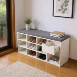 Warm White Padded Shoe Bench 10 Grid Shoe Storage Cabinet W/ Drawer Hallway Seat - thumbnail 3