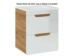 Impact Furniture Wall Hung 500mm Vanity Unit Small Bathroom Sink Cabinet With Drawers White Gloss Oak Compact Slimline Aruba - thumbnail 3