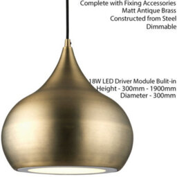 Led Ceiling Pendant Light 18W Cool White Bulb Matt Brass Hanging Dome Shade - thumbnail 2