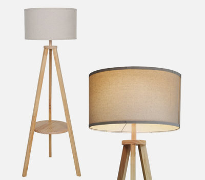 Tripod Floor Lamp Free Standing Light With Linen Shade Shelf Bedroom Living Room - image 1