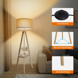 Tripod Floor Lamp Free Standing Light With Linen Shade Shelf Bedroom Living Room - thumbnail 4