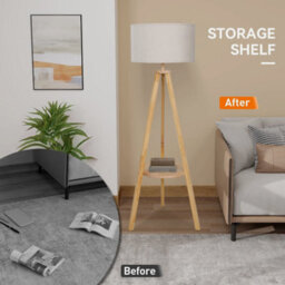 Tripod Floor Lamp Free Standing Light With Linen Shade Shelf Bedroom Living Room - thumbnail 5