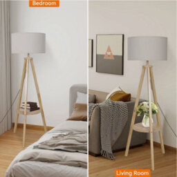 Tripod Floor Lamp Free Standing Light With Linen Shade Shelf Bedroom Living Room - thumbnail 7