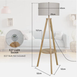 Tripod Floor Lamp Free Standing Light With Linen Shade Shelf Bedroom Living Room - thumbnail 3