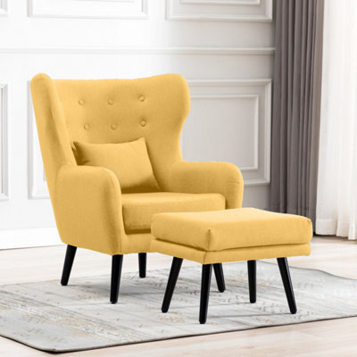 More4Homes Winslow Wing Back Occasional Bedroom Living Room Button Back Linen Fabric Accent Chair Armchair (Mustard W Footstool) - image 1